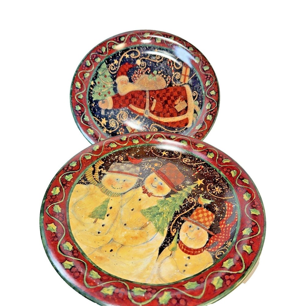 Susan Winget Snowmen/Santa Family Dinner Plates Certified International Set of 2
